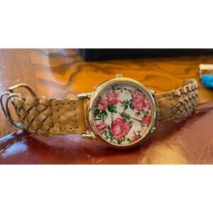 Women's Gold Tone 38mm Aeropostale Watch with Flower Print Face, Braided Leather